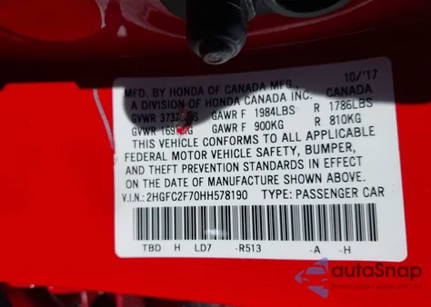 2017 Honda Civic Ex из США, поврежденный, VIN 2HGFC2F70HH578190